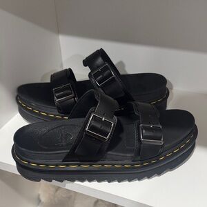 Dr. Martens Black Double-Buckle Platform Slide Sandals with Yellow Stitching